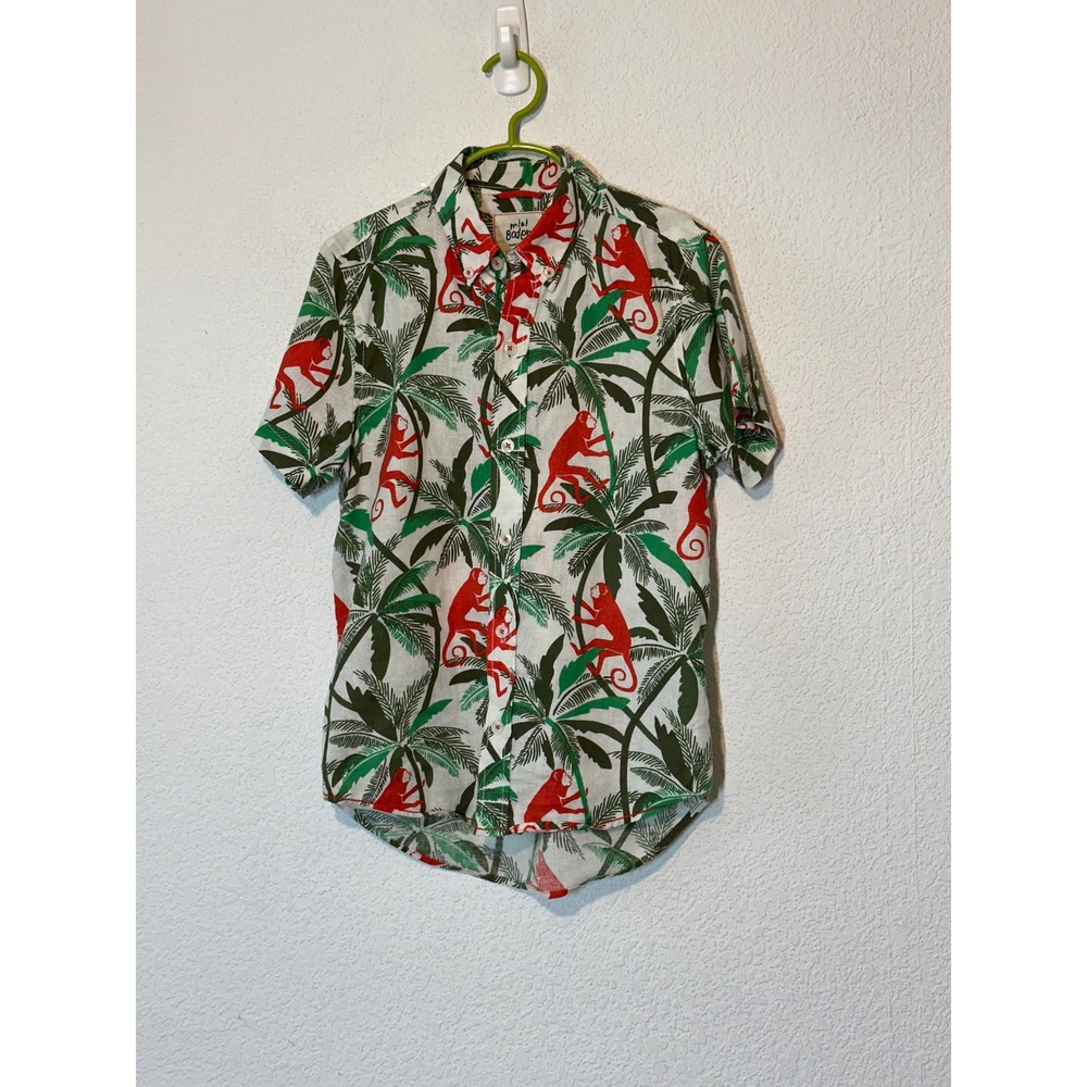 Mini Boden Shirt Linen Cotton SS Monkeys Palm Trees Travel Party 7-8Y
